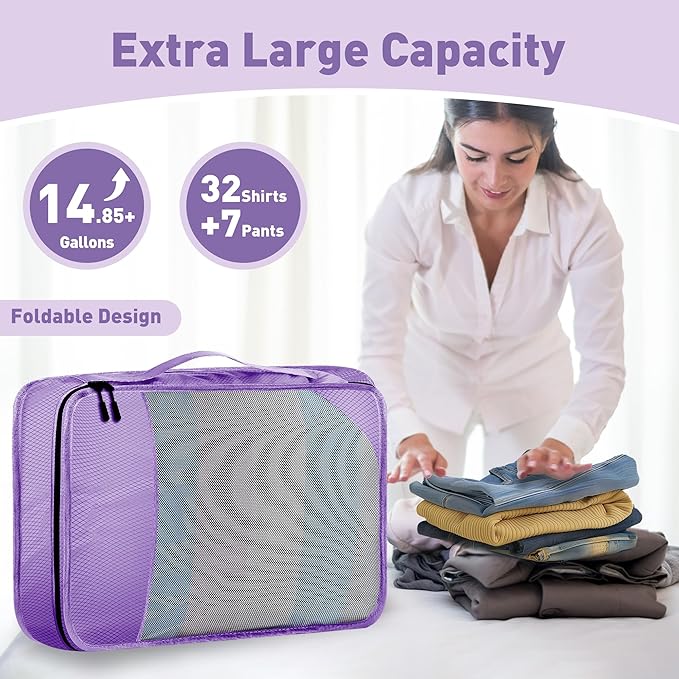 Toncoke 8-Piece Packing Cubes for Travel, Mesh Luggage Organizers with Shoe Bag, Toiletry Bag, Laundry Pouches, 4 Sizes (XL/L/M/S) for Suitcase Organization, Men Women Kids, Purple