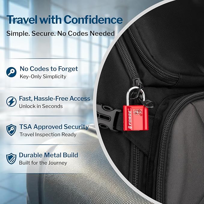 Forge Small TSA Approved Luggage Locks: Ultra Secure Dimple Key Travel Locks Alloy Body, for Luggage, Travel Cases, Backpacks, Red 4 Pack.