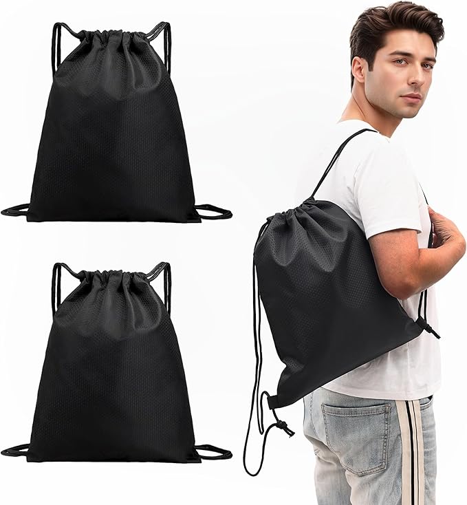 2-Pack Waterproof Drawstring Backpacks, Soccer-Texture Oxford Fabric, 16.9" × 13.8", Lightweight 0.19 lb Each, No Eyelets, Gym & Marathon Gear Sacks(Black)