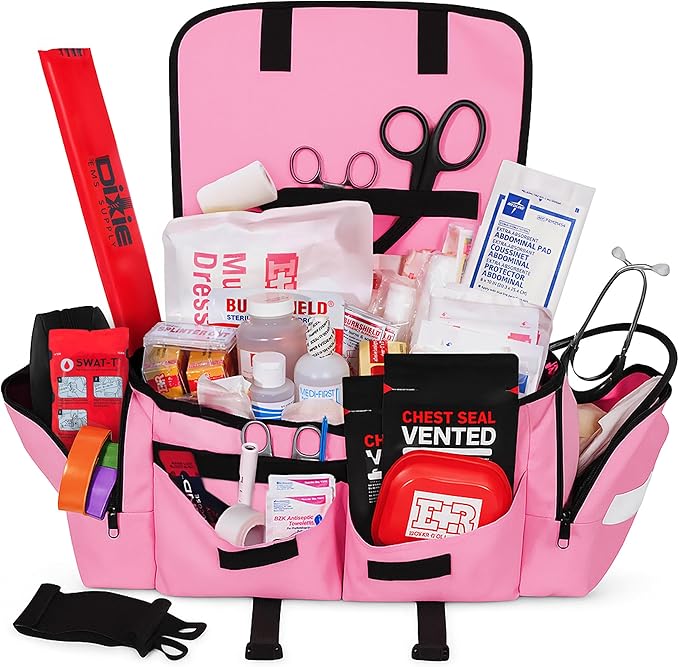 Fully Stocked EMT Trauma Bag – Tactical First Responder Medical Kit with Tourniquet, Vented Chest Seals, Hemostatic Gauze, Trauma Shears, Bandages & Bleeding Control Supplies – Pink