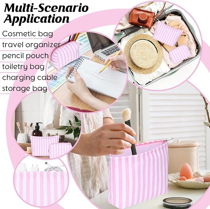 Huhumy 2 Pcs Makeup Bag Set Cute Cosmetic Pouch for Women Seersucker Travel Toiletry Bag Preppy Small Makeup Purse Pouch Aesthetic Skincare Brushes Storage Organizer for Valentine Women(Pink Wide)