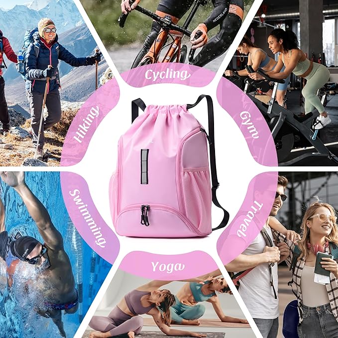 Drawstring Gym Backpack, Sports Bag with Adjustable Shoulder Straps, Cinch Sack for Fitness, Swimming, Travel (Pink)