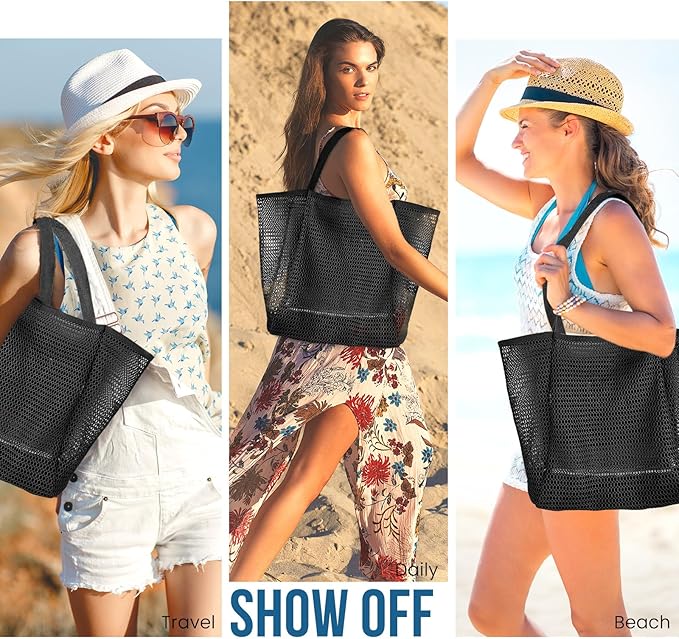 HOHOM Beach Bags for Women, Summer Travel Mesh Tote Bag with Large Inner Pocket, Sandproof Woven Shoulder Handbag