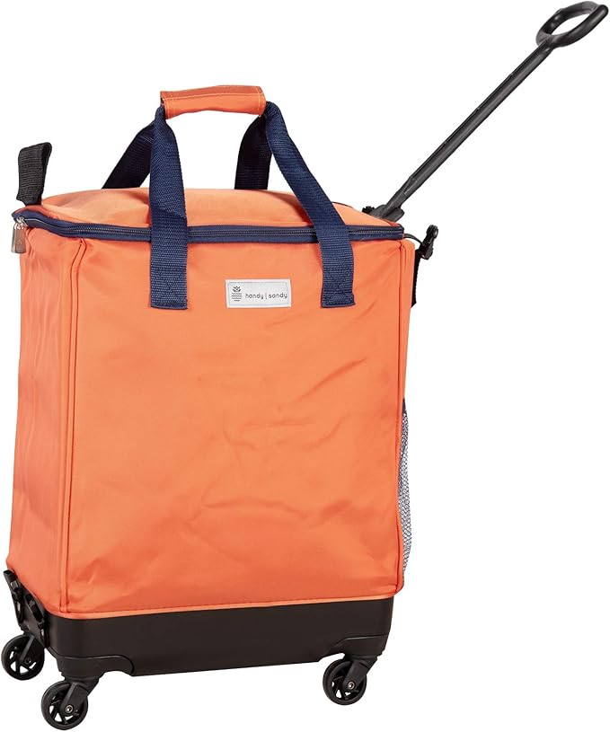 Handy Sandy Haul-It Foldable Rolling Tote – Patented Heavy-Duty Utility Bag with 8 Spinner Wheels, – Reusable Grocery Cart, Laundry Carrier, Travel Tote, Commuter Bag for Shopping & More- Orange