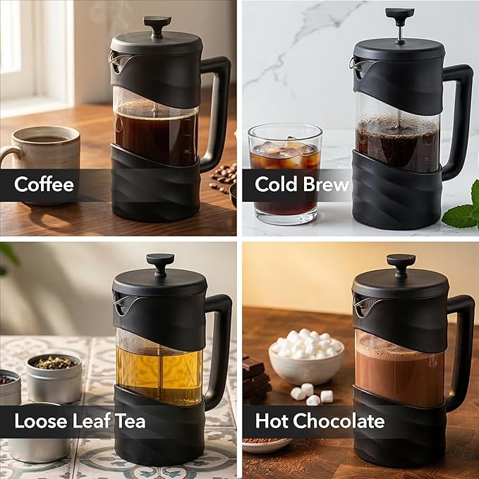 OVENTE French Press Coffee Maker 34 Ounce with Heat Resistant Borosilicate Glass & Stainless Steel 4-Level Filtration System, Portable Cold Brew Coffee Maker for Travel, Camping or Gift, Black FPW34B