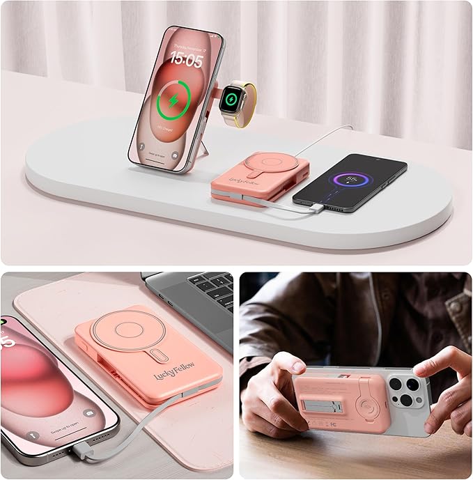Magnetic Portable Charger Built-in Cables,10000mAh Fast Charging Wireless Charger Station External Battery Pack Slim Pocket Size Power Bank with Stand Compatible with iWatch, iPhone