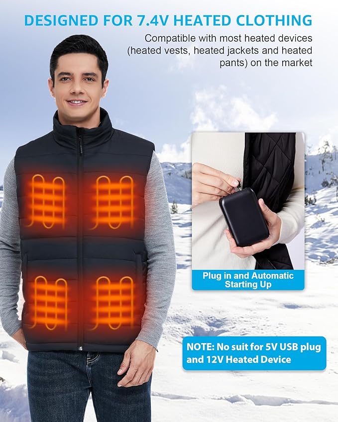 16000mAh 7.4V 5V Heated Vest Battery Pack Compatible with ORORO, 7.4V Battery Pack for Heated Vest with 2 Adapter Cable, 5V Rechargeable Heated Jacket Power Bank for Weamest, for Waitcoss, for Topdot