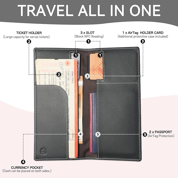 RFID Blocking Leather Passport Holder with AirTag Holder, Travel Wallet with Card Slots, Long Passport Cover for Men & Women (Gray)