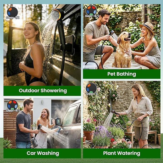 Portable Camping Shower Head with Pump - Dessports 6000mAh Rechargeable Outdoor Camp Shower Kit with Smart LED Display, 5 Pressure Levels, 4 Modes, IPX8 Waterproof for Hiking, RV, Car Wash & Pet