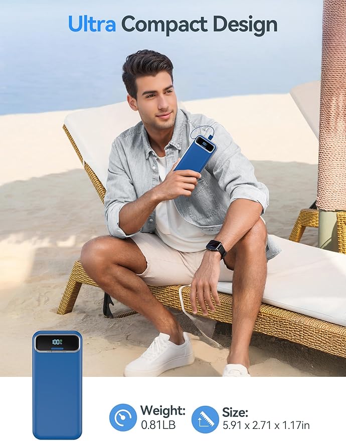 20000mAh Lightweight-Portable-Charger-Power-Bank with Built-in Cables and AC Wall Plug, PD20W USB-C Fast Charging Battery Pack, LED Display External Travel Phone Charger for All iPhone,Samsung,Android