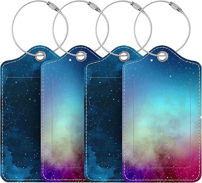 Luggage Tags for Suitcases, 4 Pack Cute PU Leather Suitcase Tag Identifiers TSA Approved with Stainless Steel Loop and Address Card for Baggage Tag for Travel Essentials Starry Sky, by Chelmon