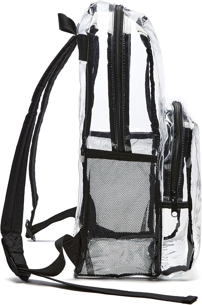 Amazon Basics Transparent Clear School Backpack, Water-Resistant PVC Plastic, Reinforced Shoulder Straps, 17 x 7 x 13 in