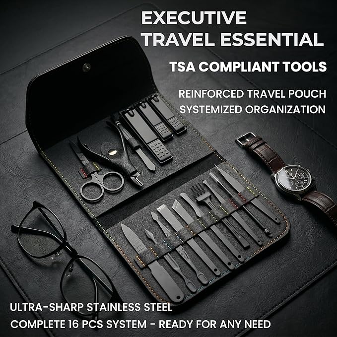 Earth & I Precision-Forged Stainless Steel Manicure Set - 16pc Satin Black Finish Nail Clippers for Thick Nails - TSA Compliant Travel Grooming System - Pedicure & Facial Care Kit - Gift Box