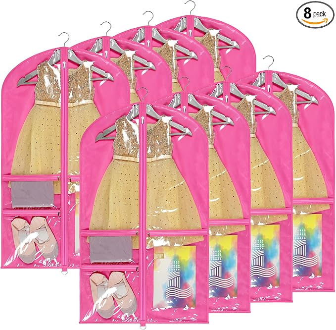 Univivi Dance Costume Bags Garment Bag 40 Inch Hanging Clothes for Dance Competitions, with 3 Medium Clear Zipper Pockets for Dance Costumes, Closet Storage (Rose Red) - 8 Pack