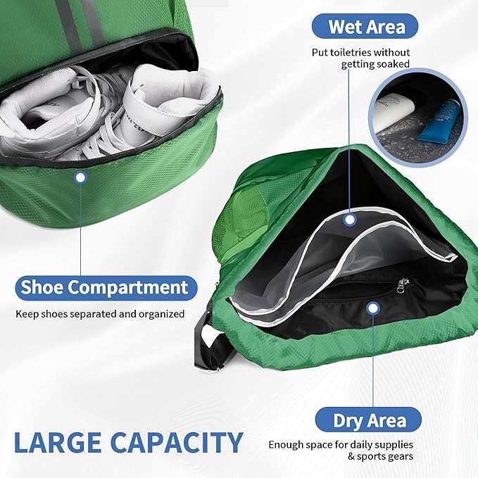JELUTAR Drawstring Backpack Gym Bag with Shoes Compartment for Soccer, Basketball, Swim, Water-Resistant String Backpack Beach Cinch for Women Men, Dark Green, Medium
