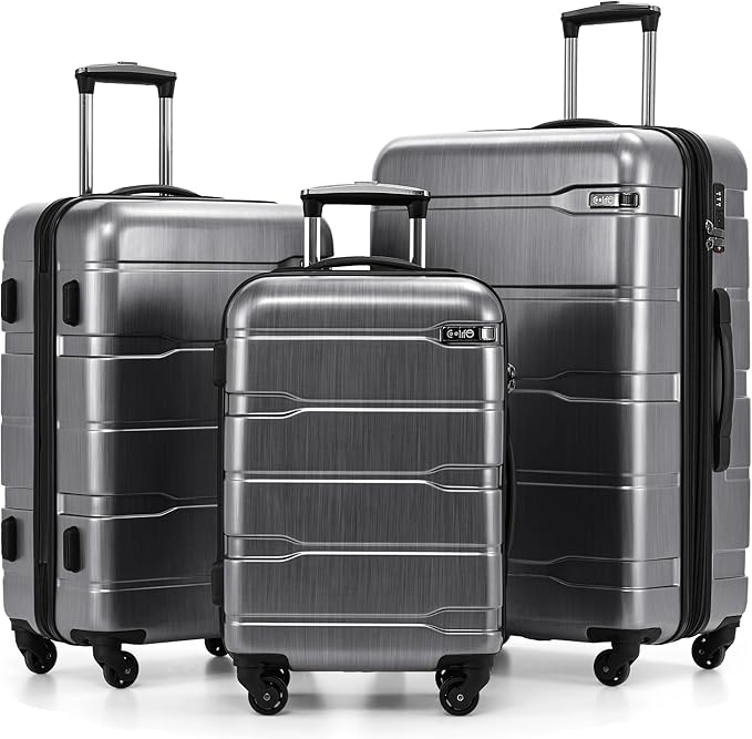 Coolife Luggage Set 3 Piece Hardside PC+ABS Suitcase with TSA Lock, Expandable Large Checked Luggage, Lightweight Rolling Carry On with Spinner Wheels(20/24/28 Inch, Charcoal)