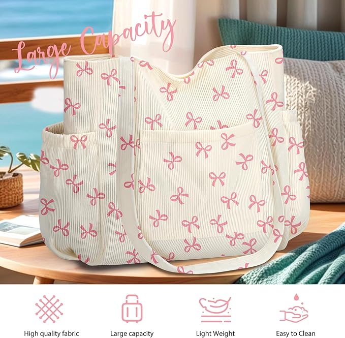 Corduroy Tote Bag for Women,Large Capacity Cute Tote Bags With 6 Pockets,Crossbody Shoulder Handbag for Work Travel Gym