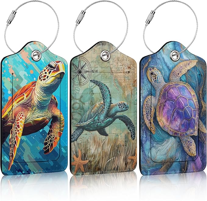 3 Pack Vintage Sea Turtle Luggage Tags for Suitcase PU Leather Travel Luggage Tag Privacy Cover ID Label for Women Men Baggage Backpack Handbag School Bag
