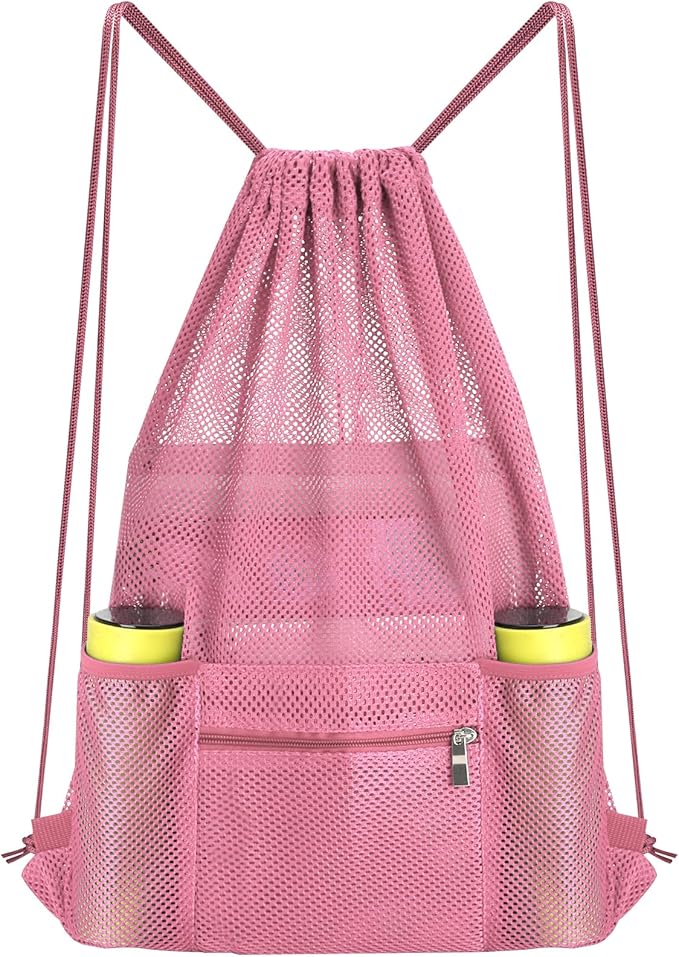 NATURAL STYLE Mesh Drawstring Backpack Bag, Gym Sports Bag with Zipper Pocket Bottle Holder, String Beach Bag for Swiming Travel (Pink)