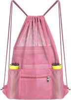 NATURAL STYLE Mesh Drawstring Backpack Bag, Gym Sports Bag with Zipper Pocket Bottle Holder, String Beach Bag for Swiming Travel (Pink)
