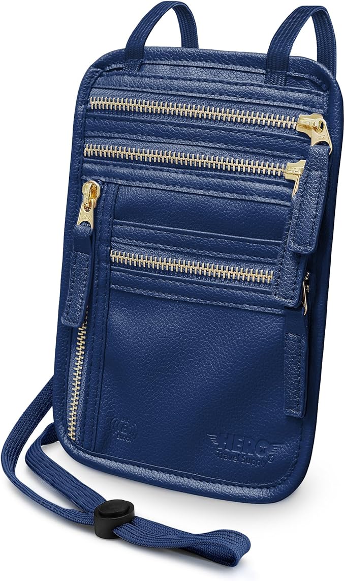 HERO Neck Wallet, RFID Blocking Vegan Leather Passport Holder Travel Pouch (Navy Blue)