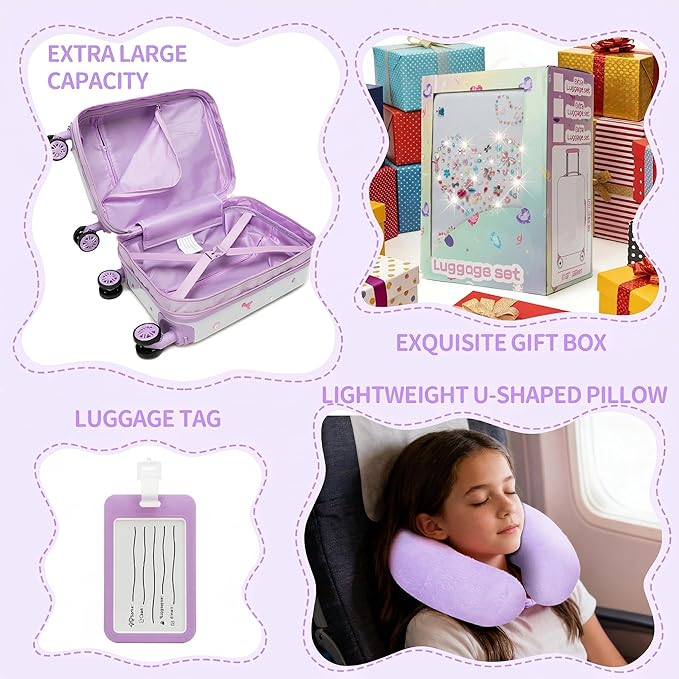 Kids Luggage Sets Suitcase Set with Travel Pillow for Girls 10 Sheets Gem Stickers Small Suitcase with Wheels Hardshell Carry on Luggage for Airplane Travel Essential DIY Styles Purple