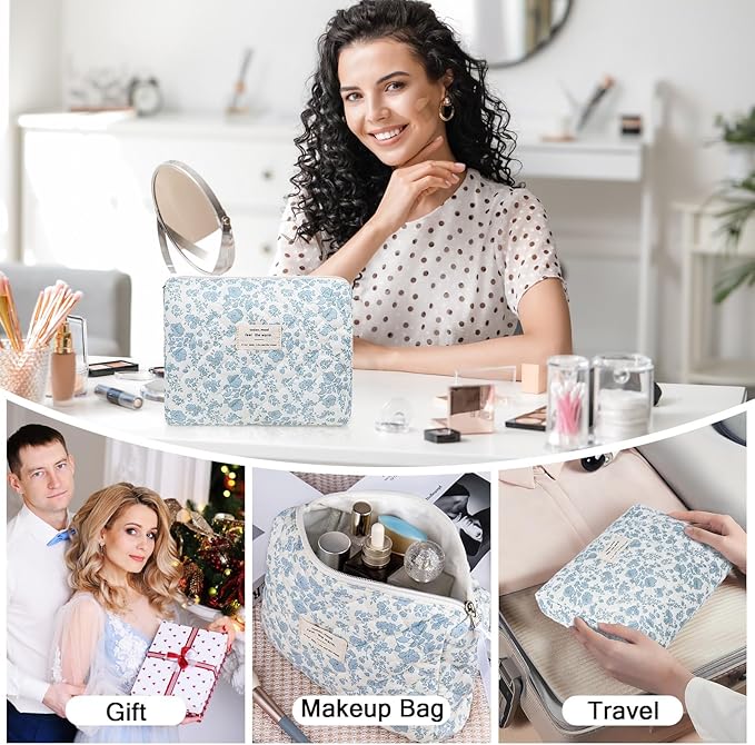 Gosect Large Makeup Bag, Cute Cosmetic Bag for Women Girls, Floral Coquette Aesthetic Toiletry Bag, Travel Make Up Organizer Bag(Blue Floral)