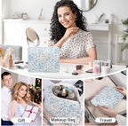 Gosect Large Makeup Bag, Cute Cosmetic Bag for Women Girls, Floral Coquette Aesthetic Toiletry Bag, Travel Make Up Organizer Bag(Blue Floral)