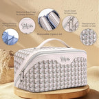 BOYATU Travel Makeup Bag Cosmetic Bags for Women: Large Capacity 3 Pcs Set Make up Bag with Compartments - Waterproof Vegan Leather Toiletry Organizer Bags with Handle (M-80Off-white)