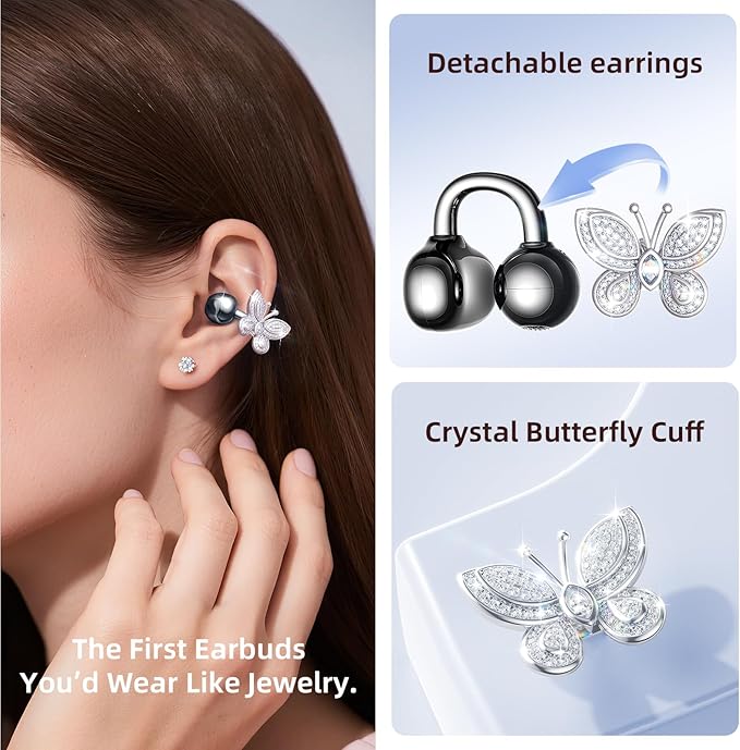 Kinglucky Jewelry-Inspired Clip-On Earbuds with Butterfly Earrings, Comfortable Fit & 50H Playtime Open Ear Bluetooth 5.4 Wireless Headphones for Women, Small Ears, Sports & Workouts (Black)