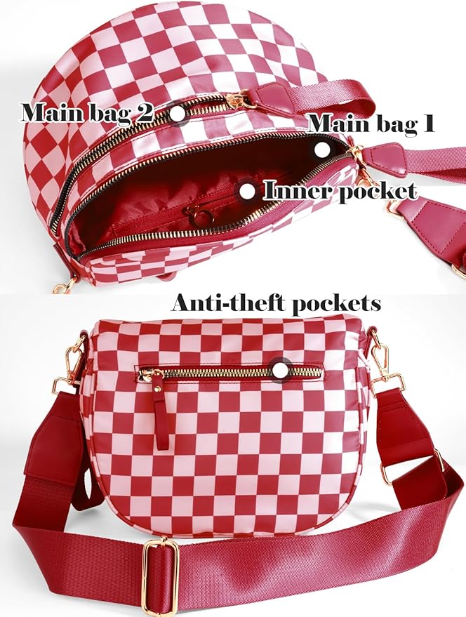 Black and White Checkered Crossbody Bag Bum Bag for Women,Spacious Checkered Purse Fanny Packs Belt Bag
