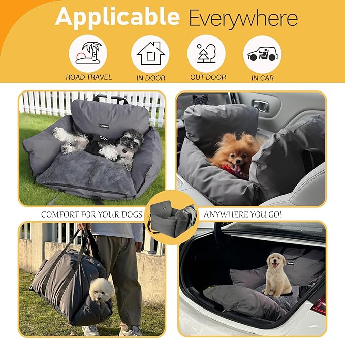 4-in-1 Dog Car Seat, Convertible Pet Booster Seat for Small Medium Dogs Up to 25lbs, Portable Travel Bed Sofa Pad with Safety Strap & Foldable Storage for Car Home Use
