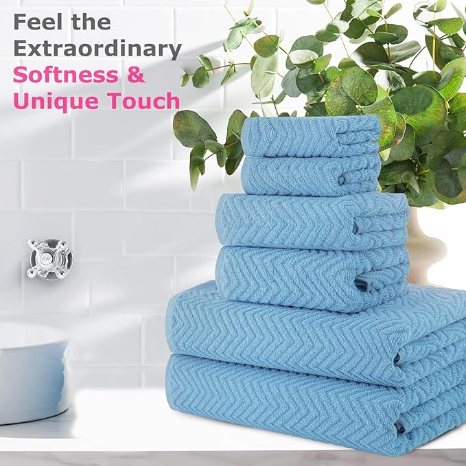 CASA COPENHAGEN EcoWave 6Pcs 100% Cotton Large Designer Towels Gift Set- Dusky Blue, 550 GSM, 2Bath 2Hand 2Washcloths, Bath Towels for Bathroom Set for Women & Men