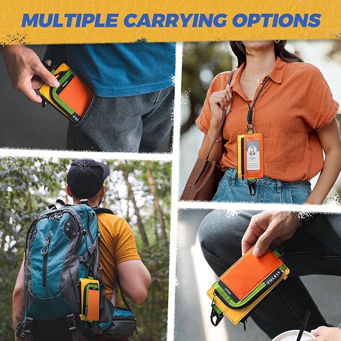 VULKIT Water-Resistant Keychain Wallet with Lanyard for Men and Women, Outdoor Zipper Pouch Wallet with Clear ID Window, for Hiking, Fishing, Skateboard and any Outdoor Activities, Citrus Trail