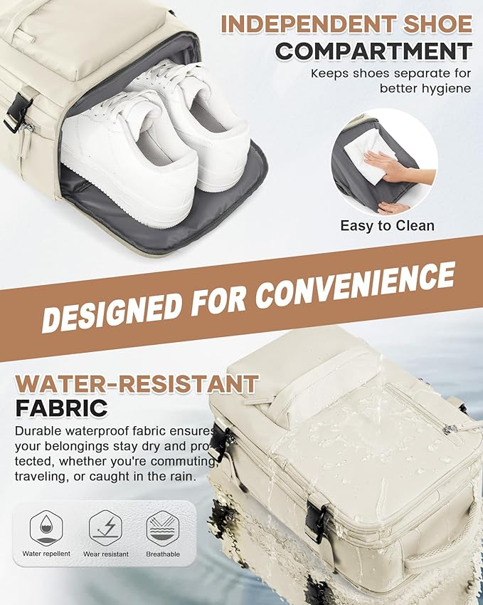 Large Travel Gym Backpack Women Carry On Backpack Flight Approved Hiking Waterproof Rucksack Casual Daypack Laptop bags airplanes Shoes Compartment Personal Item Travel Weekender Bag Essentials Beige