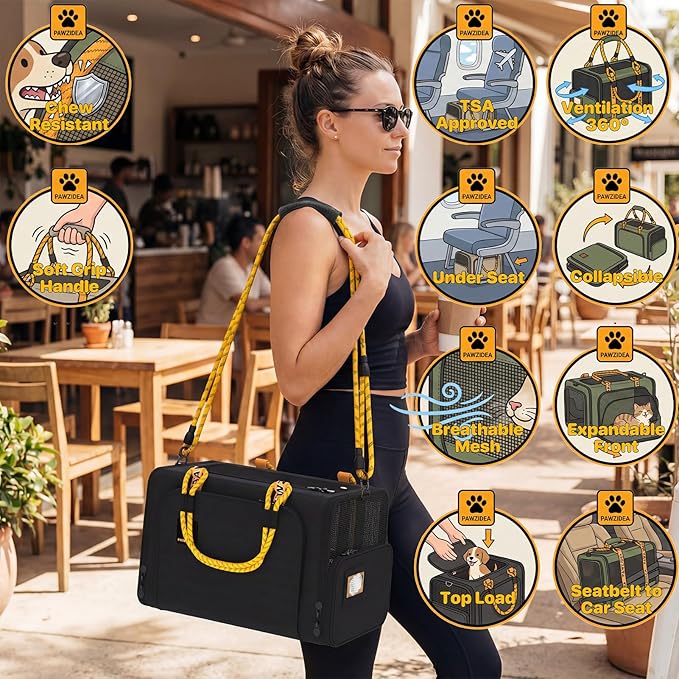 PAWZIDEA Expandable Pet Carrier Airline Approved, 18"×11"×11" Small Dog Carriers, Collapsible Top-Load Cat Carrier for 2 Cats Under Seat, Soft-Sided Puppy & Animal Travel Bag, ID Card, Up to 15lbs