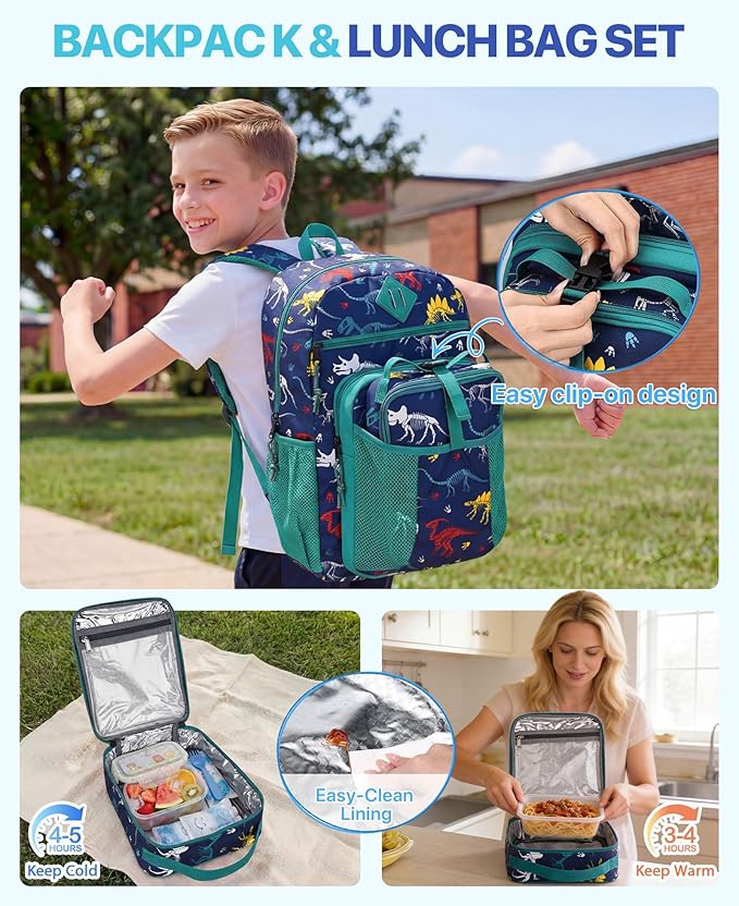 VASCHY Boy Kids Backpack & Lunch Bag Set, 2-in-1 School Bookbag with Insulated Lunch Box for Preschool, Daycare, Kindergarten & Elementary School – Navy Dinosaurs