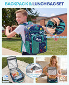 VASCHY Boy Kids Backpack & Lunch Bag Set, 2-in-1 School Bookbag with Insulated Lunch Box for Preschool, Daycare, Kindergarten & Elementary School – Navy Dinosaurs