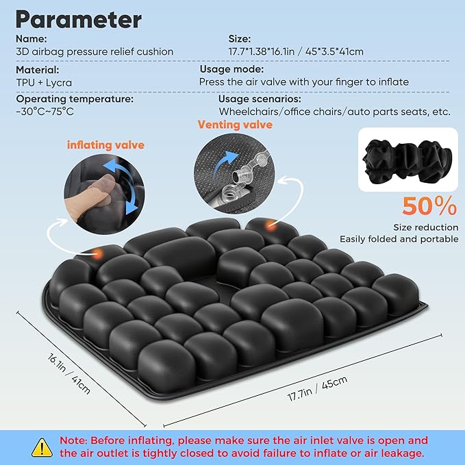 Upgrade Airplane Seat Cushion with No External Air Pump, Inflatable Seat Cushion for Long Flights, Portable Wheelchair Cushions, Adjustable Air Cushion with Non-Skid Bottom Relief Discomfort in Coccyx