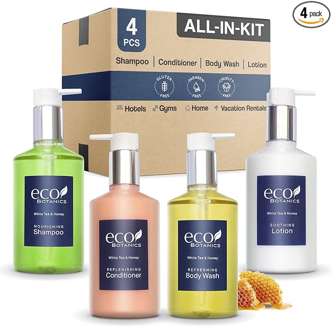 Eco Botanics Hotel Amenities Set | 10.14oz Pump Bottles | Shampoo, Conditioner, Hand & Body Wash, and Lotion | Set of 4