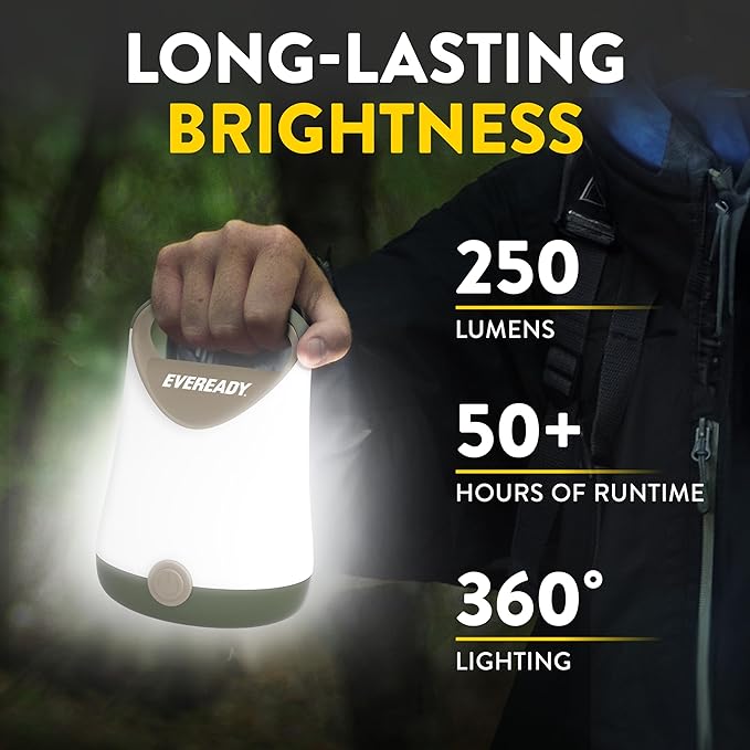 Eveready LED Camping Lantern X-250 (2-Pack), Super Bright Tent Lights, Rugged Water Resistant LED Lanterns, 100 Hour Run-time (Batteries Included), Green/Tan