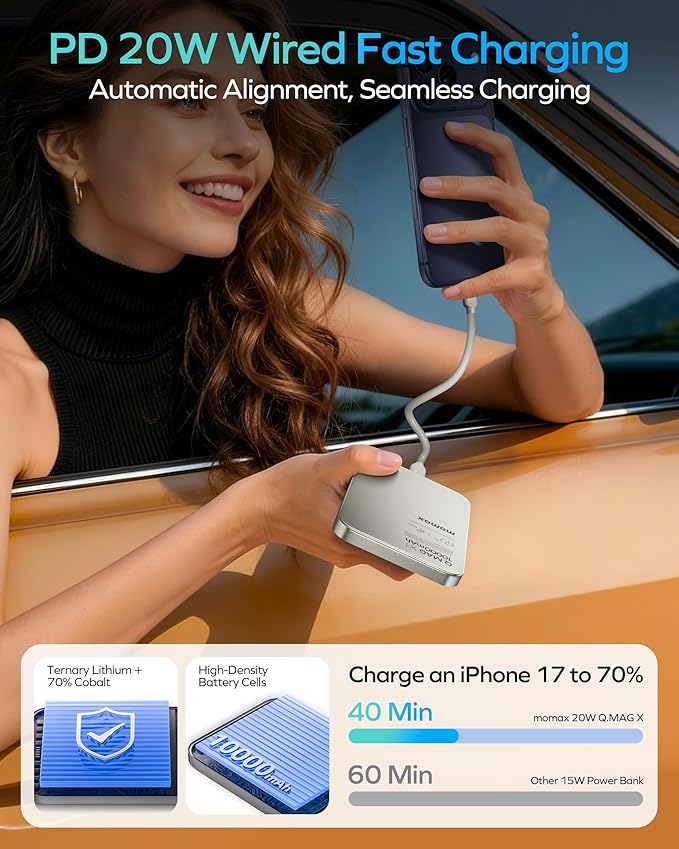 MOMAX Magnetic Portable Charger, 10000mAh Magnetic Power Bank PD 3.0 Battery Pack USB-C 15W Fast Charging Bank, 0.5inch Wireless Charger Compatible with iPhone 17/16/15/14/13/12 Series