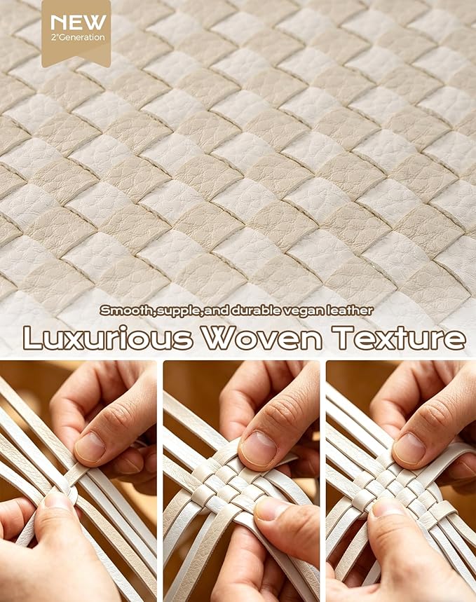 Trendy Woven Checkered Crossbody Bum Bag for Women，PU Leather Checkered Purse Fanny Packs Belt Bag (Woven Bum Bag - Beige White)