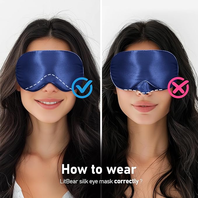 LitBear 100% 22 Momme Mulberry Silk Sleep Mask - 3D Contoured Eye Mask for Men Women, Soft Breathable Sleeping Mask with Adjustable Strap, Perfect Blocks Light for Sleeping (Midnight Blue)