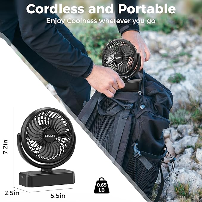 Camping Fan with LED Lantern - Rechargeable Battery Operated Fan, 35H Run Time Max, 3 Speeds, Portable Desk Fan with Hook for Tent Car RV Outdoor Emergency Outage Hurricane