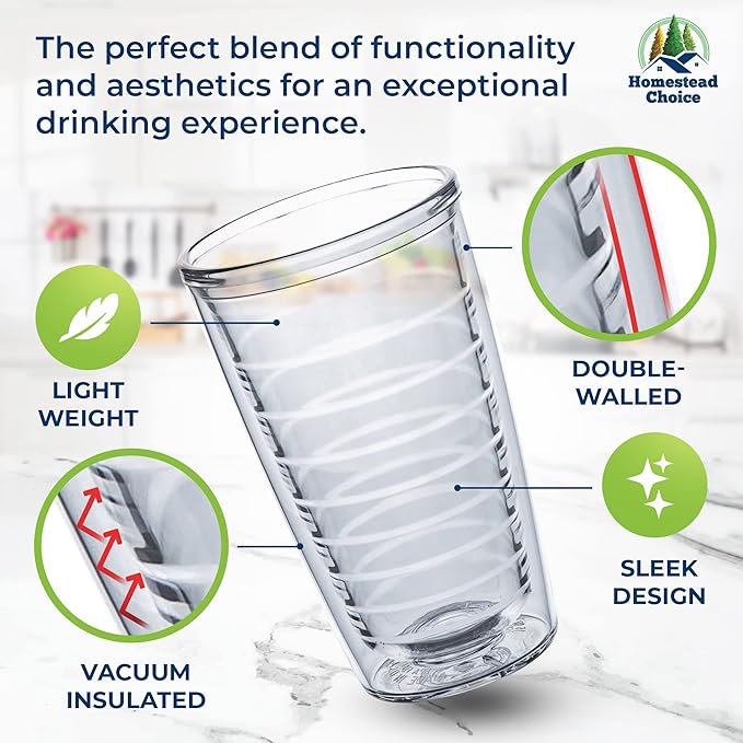 Homestead Choice 16oz Insulated Tumblers Plastic Keeps Drinks Cold & Hot, 4pack Double Walled Clear Insulated Drinking Glasses Cup, BPA-Free, Reusable, Camping, Travel, Kitchen, Party