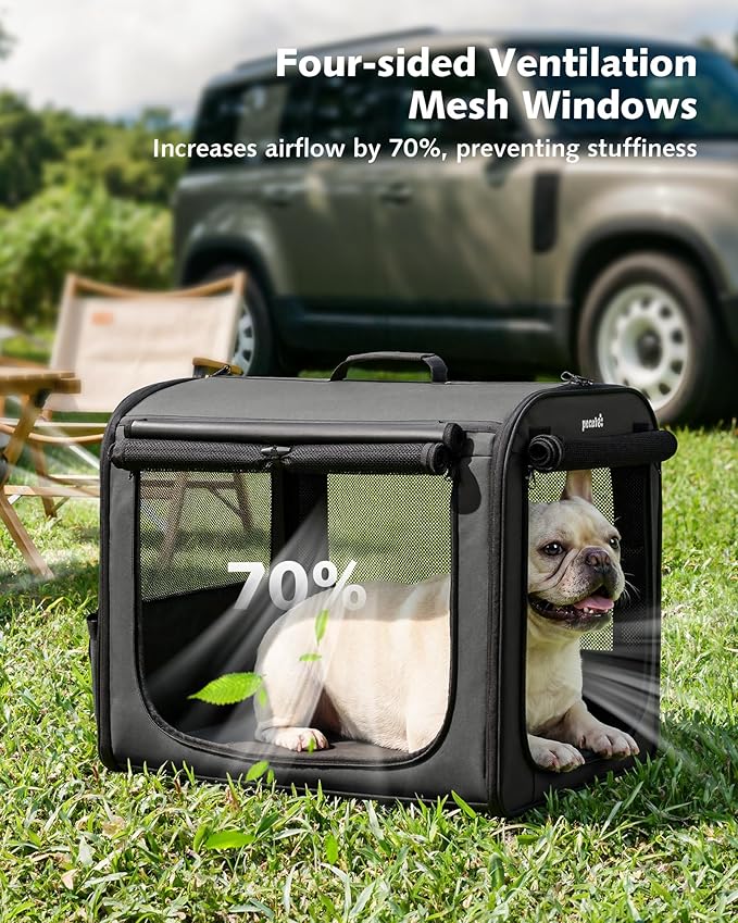 Dog Car Carrier Light Weight, 24×17.7×20.5in Dog Carrier for Cars Easy to Assemble, Dog Cars Crate Portable and Breathable, Foldable Pet Carrier for Outing, Dogs Travel Crate with Curtain Dark Gray