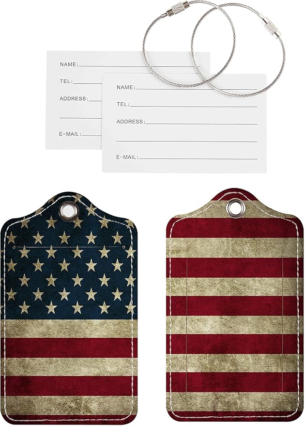 Luggage Tags for Suitcases, 2 Pack Cute PU Leather Suitcase Tag Identifiers TSA Approved with Stainless Steel Loop and Address Card for Baggage Tag for Travel Essentials Flag, by Chelmon