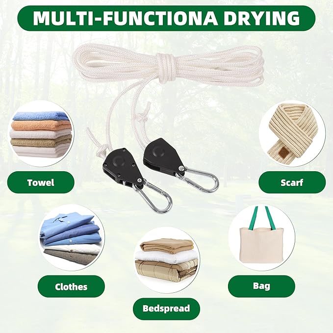 Retractable Travel Clothesline, Heavy Duty Clothes Line Rope with Adjustable Pulley and Carabiner Rope for Outdoor Camping Indoor Home Travel Clothes Drying 16.5FT