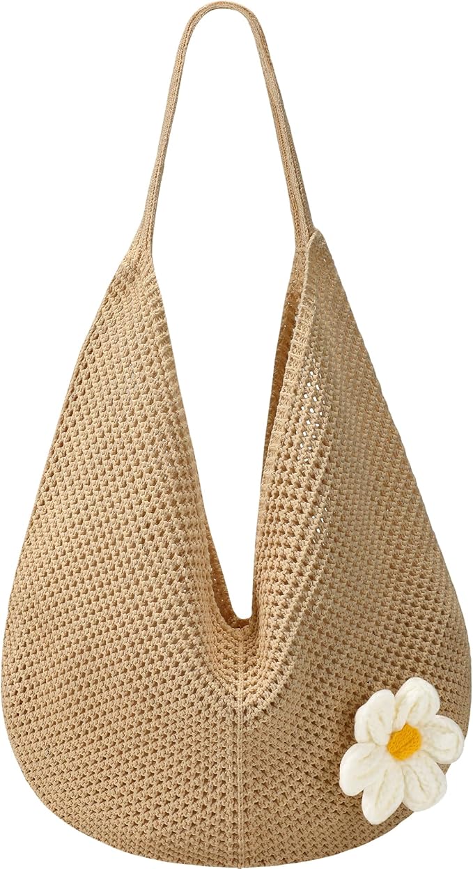 Premillow Crochet Beach Bags for Women, Summer Beach Tote Bag, Mesh Cute Beach Purse, Aesthetic Knit Bag Handbag Shoulder Bag